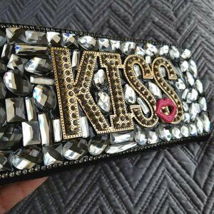 Black Crystal Wallet Rhinestone Zipper Bling Kiss